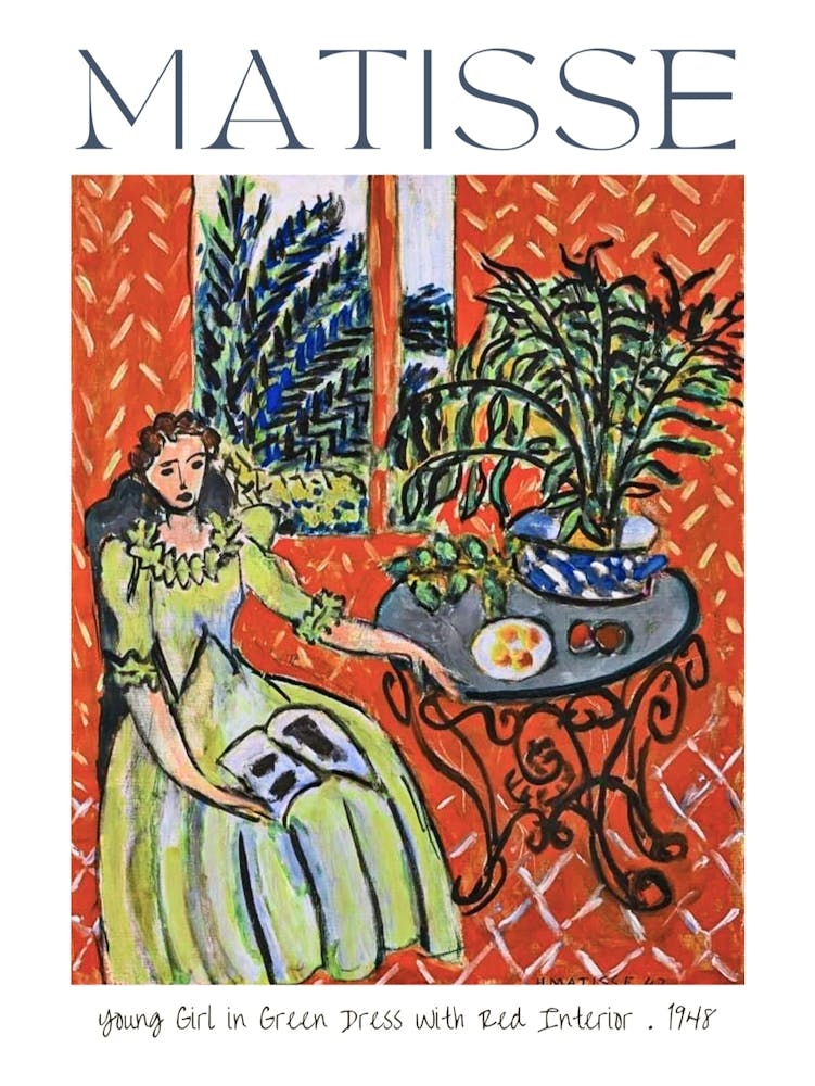 Henri Matisse Young Girl in a Green Dress in Red Interior 1948 - Affiche d'Art HD pour Décoration Murale - Entièrement Remasterisée Haute Définition
