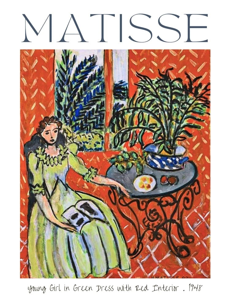 Henri Matisse Young Girl in a Green Dress in Red Interior 1948 in HD Art Poster Print for Feature Wall Decor - Fully Remastered High Definition