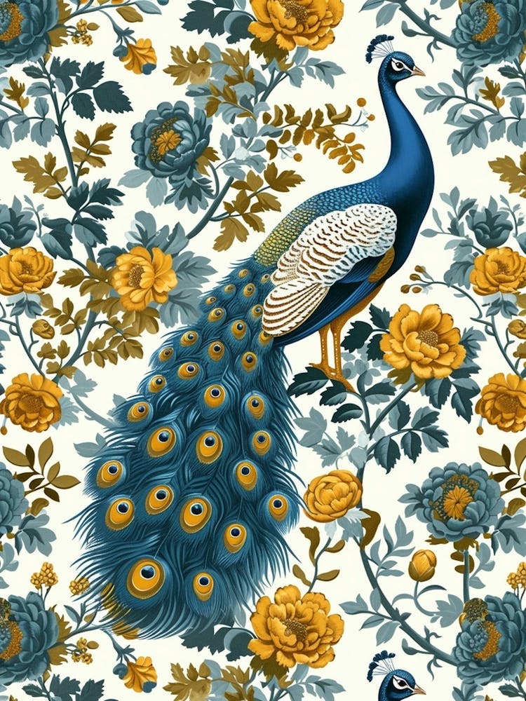Cream Peacock Vintage Floral Wallpaper  2