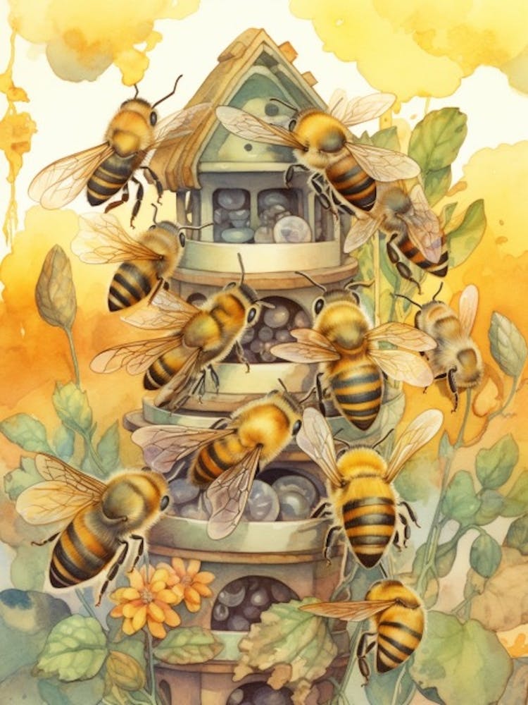 Wool Carder Mimic Bee Bienenstock Aquarell-Illustration 3