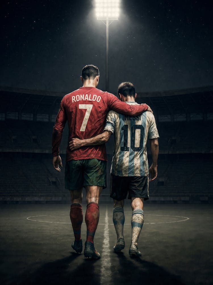 Ronaldo & Messi Poster – Legends, Rivals, Icons: Two GOATs, one moment – Ronaldo and Messi side by side in a tribute to football’s greatest rivalry and friendship. From Portugal to Argentina, world cups to champions league – this emotional poster celebrat