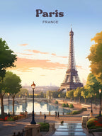 Paris France Sunset Travel Illustration
