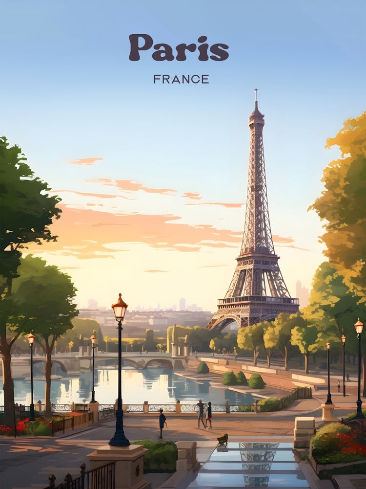 Paris France Sunset Travel Illustration