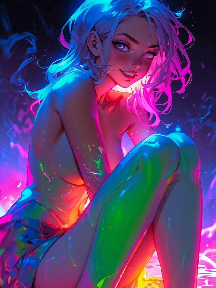 A cute neon manga girl with sexy legs and alluring breasts — a kawaii fantasy in the vibrant world of anime and hentai.