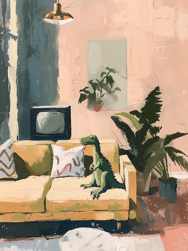 Dinosaur In The Living Room With A Tv 4