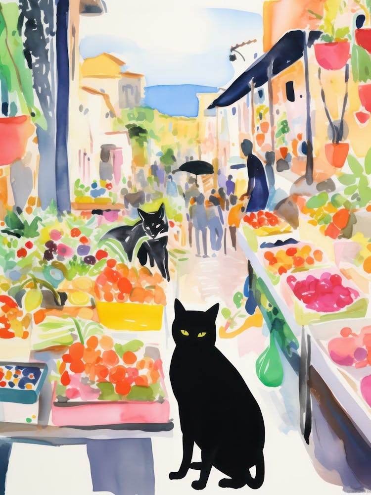 Food Market With Cats In Positano 3 Watercolour