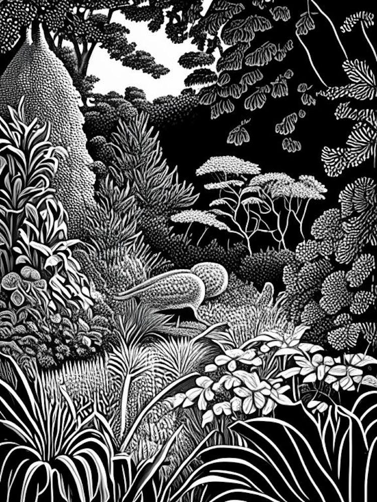 Chanticleer Garden, Usa Linocut Black And White Vintage