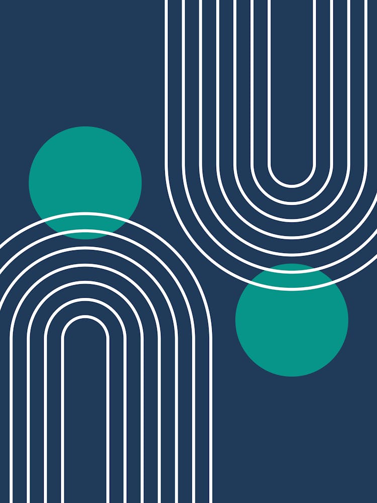 Mid Century Modern Geometric C18 In Navy Blue And Turquoise (Rainbow And Sun Abstraction) 01