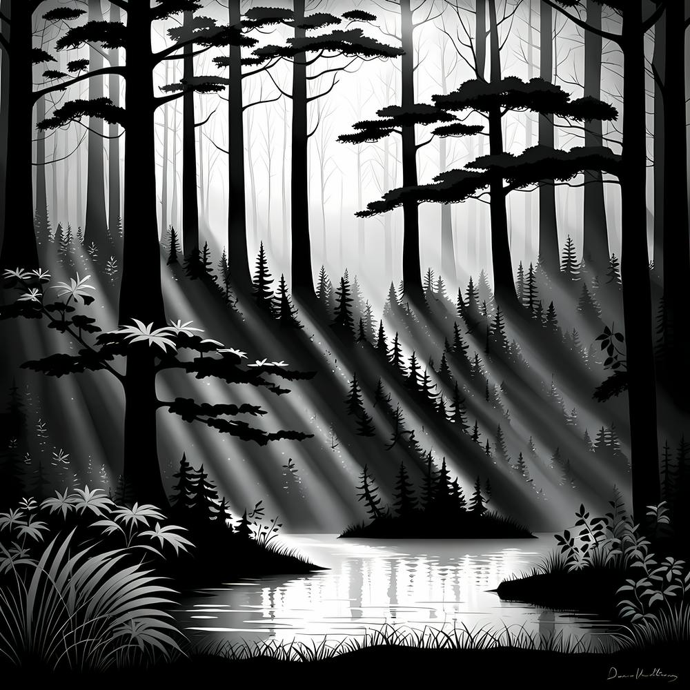 Black And White Forest, black and white art, forest landscape