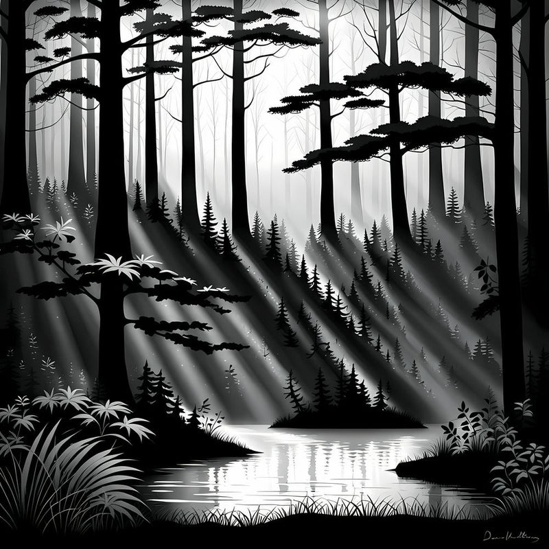 Black And White Forest, black and white art, forest landscape