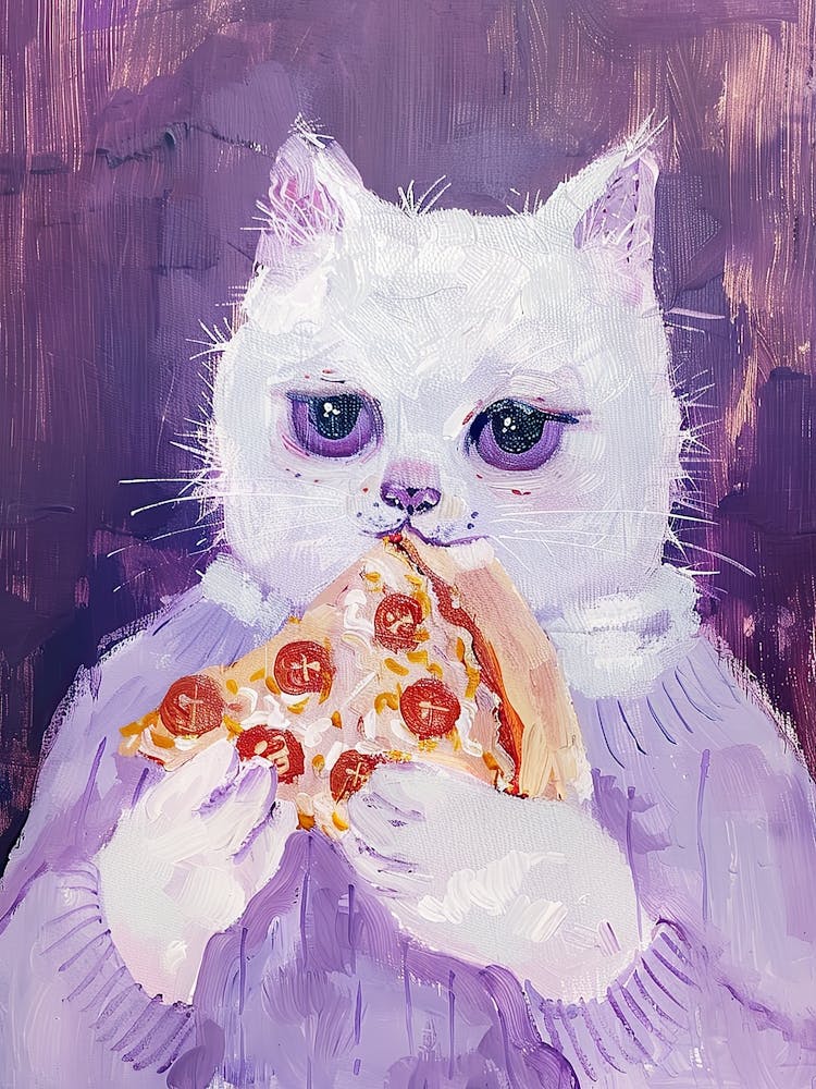 White Cat Eating Pizza Folk Illustration 3