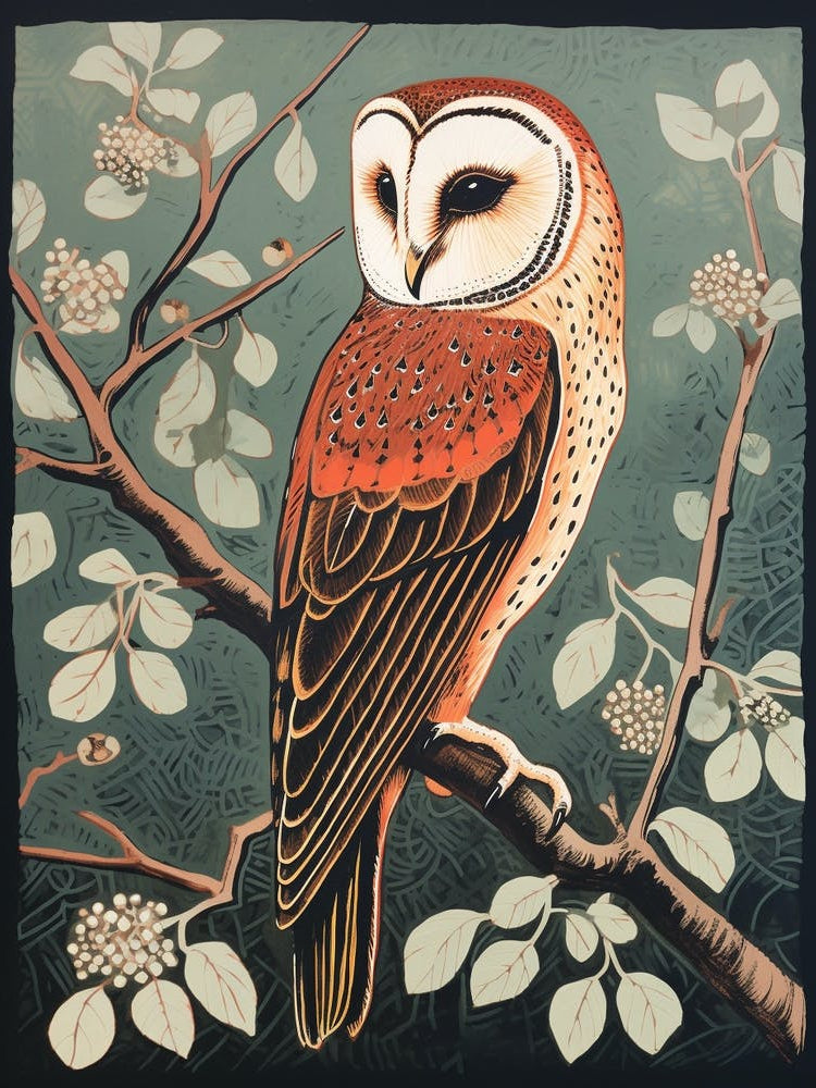 Vintage Bird Linocut Barn Owl 4