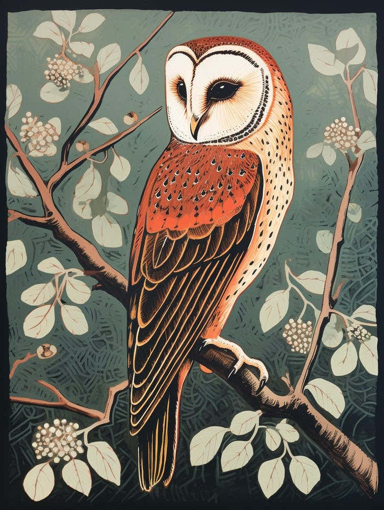 Vintage Bird Linocut Barn Owl 4