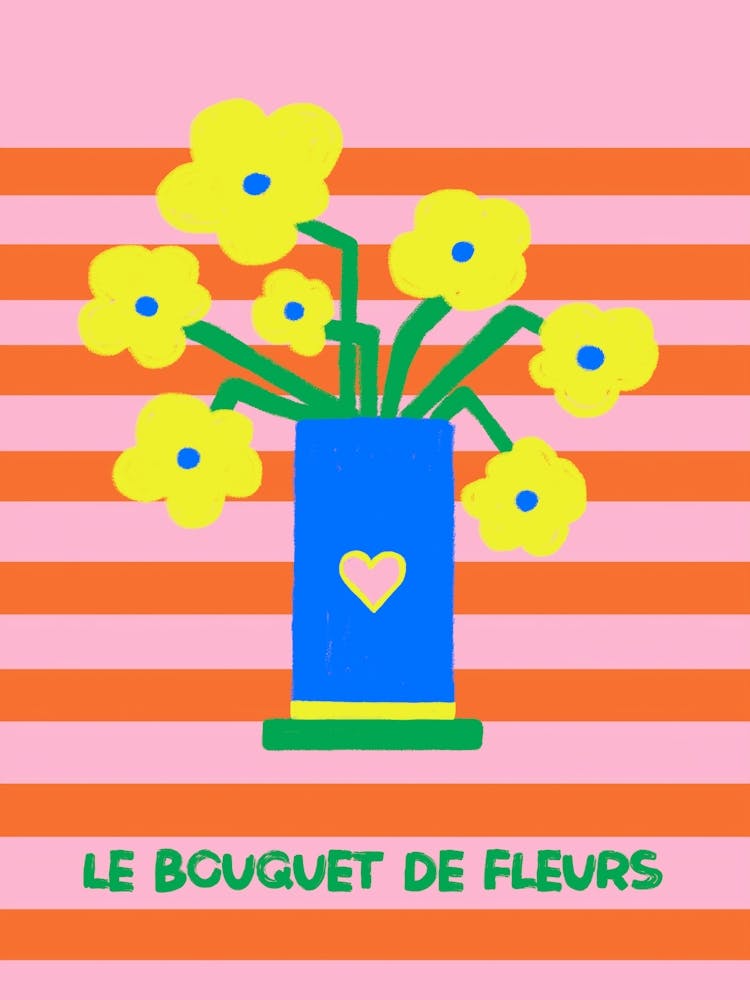 Le Bouquet De Fleurs, bunte Malerei, Text Illustration, Frühlingsblumen mit streifen Kunst