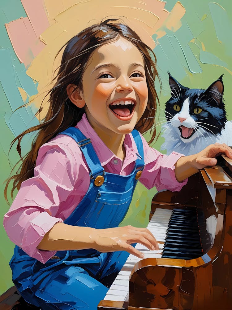 Little Girl Playing Piano With Cat