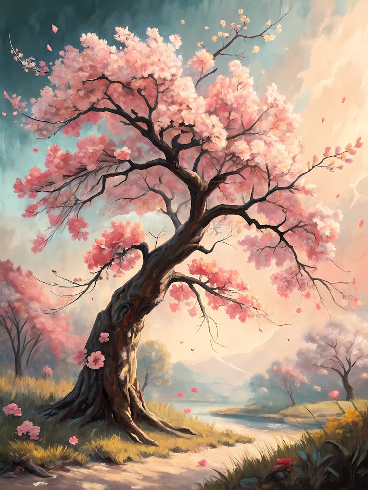 Oil Painting Style Stylized Cherry Blossom Tree