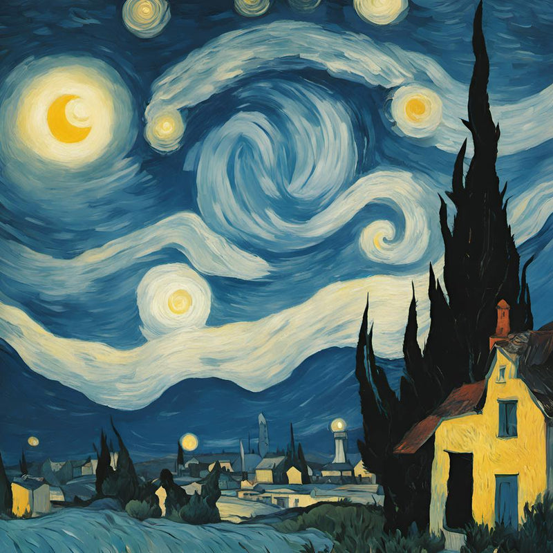 scene blending the swirling cosmic colors of Vincent van Gogh's Starry Night with the surreal celestial precision of Salvador Dalí.