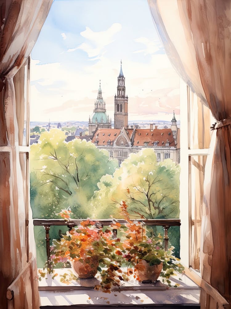 Window View Of Munich Germany In Autumn Fall, Watercolour 2