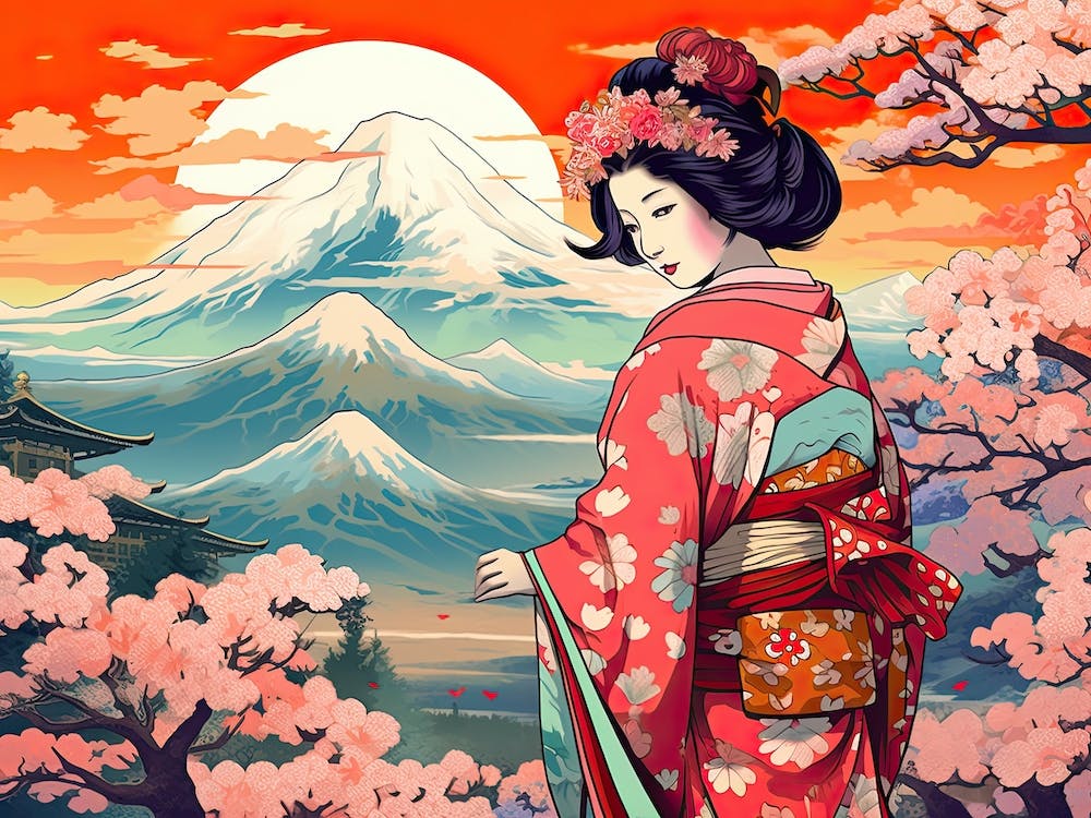 Ukiyo E Mount Fuji Japan Geisha Colour 7