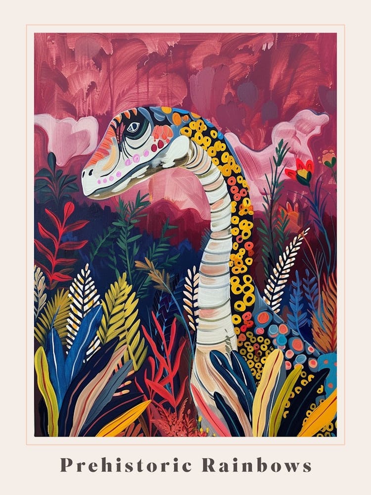 Colourful Leafy Dinosaur Painting Poster