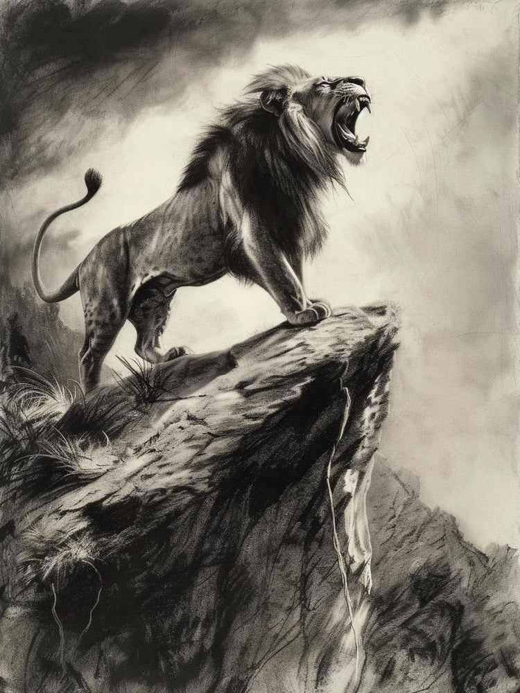 African Lion Charcoal Drawing Roaring On A Cliff 4