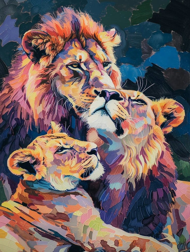 Asiatic Lion Family Bonding Fauvist Painting 3
