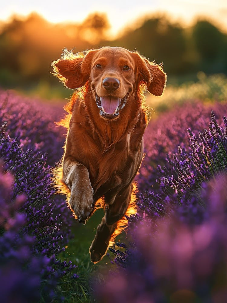 Golden Retriever Running In Lavender Field. Generated AI.