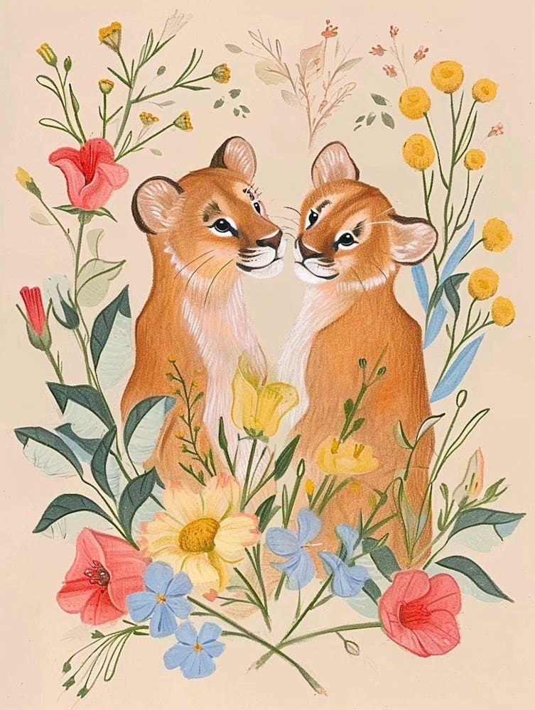 Folksy Floral Animal Drawing Mountain Lion 2