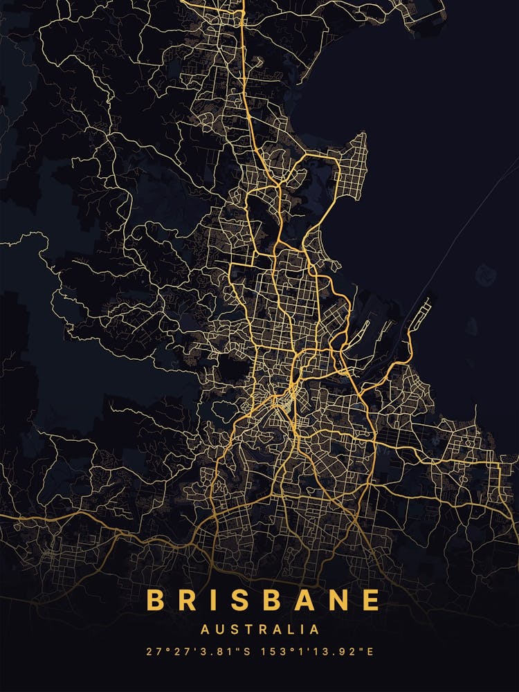 Brisbane Australia Black And Gold Map