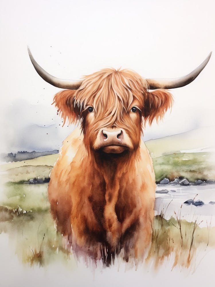 Watercolour Portrait Of A Highland Cow 1