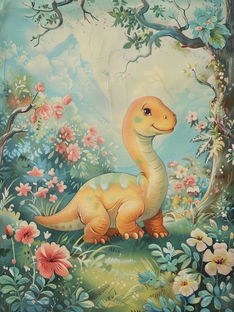 Cute Dinosaur In A Meadow Storybook Painting 4