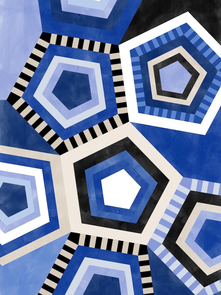Abstract Blue Hexagons Print