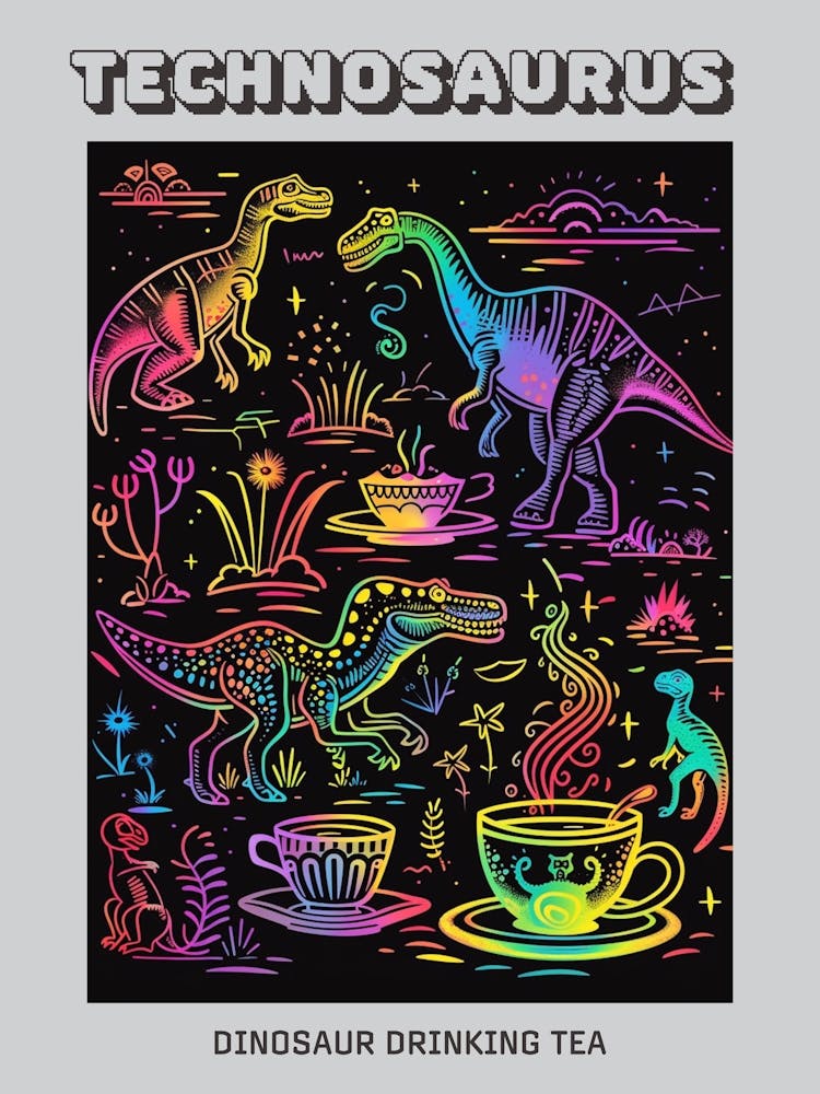 Neon Dinosaur Rainbow Illustration With Tea Poster