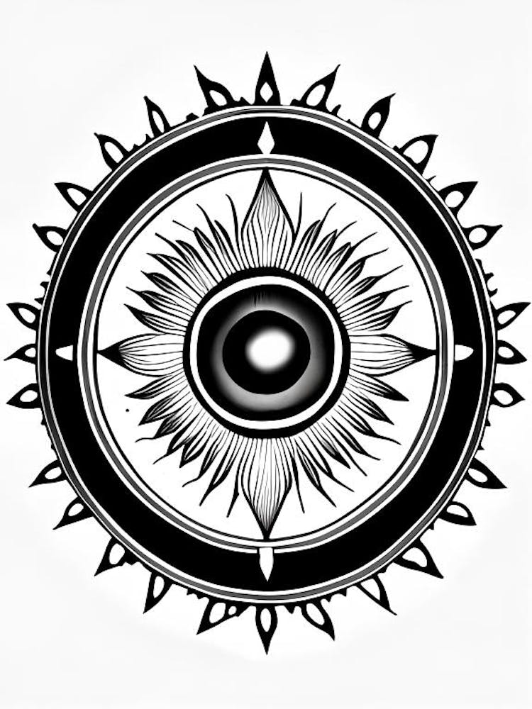 Dharma Wheel, Symbol, Third Eye Simple Black & White Illustration 2