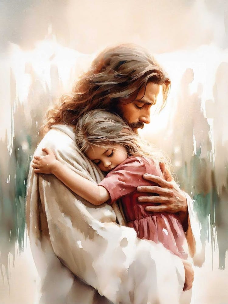Jesus And Girl Watercolor, Christian Wall Art, Jesus With Children, Jesus And Kids, Jesus Png Art, Lds Printable, Bible Verse Wall Prints
