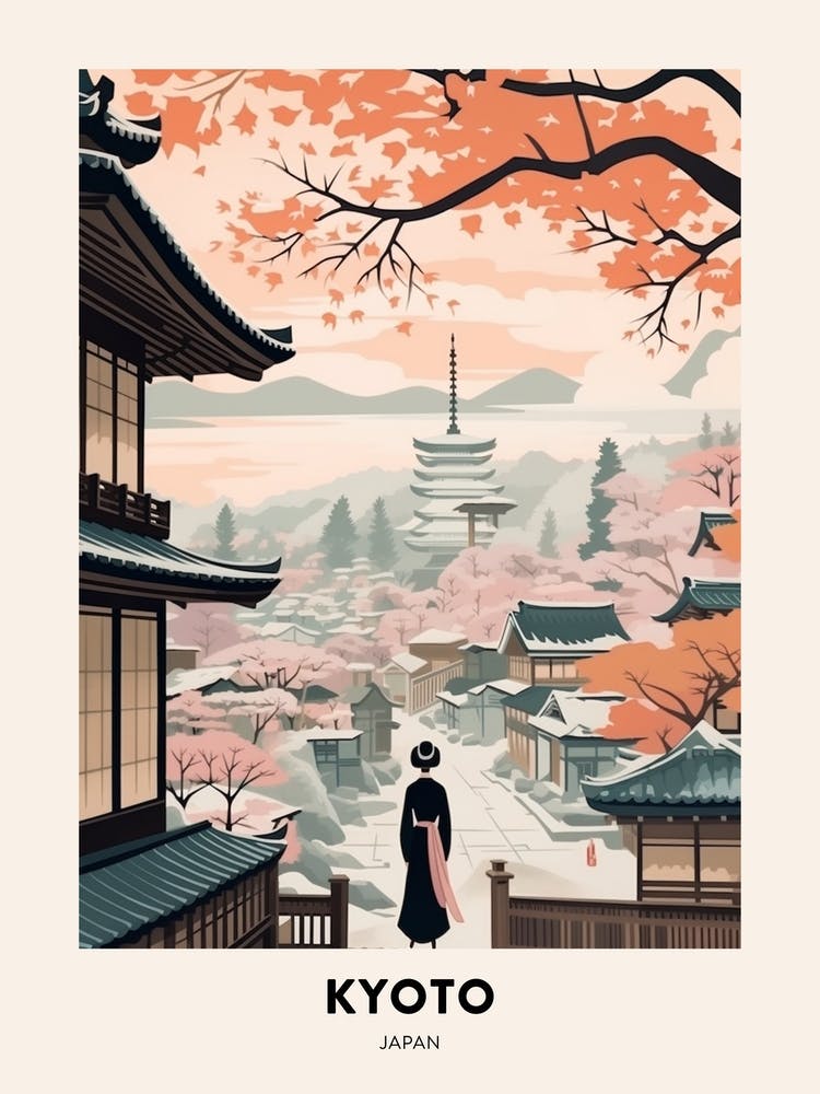 Vintage Winter Travel Poster Kyoto Japan 3