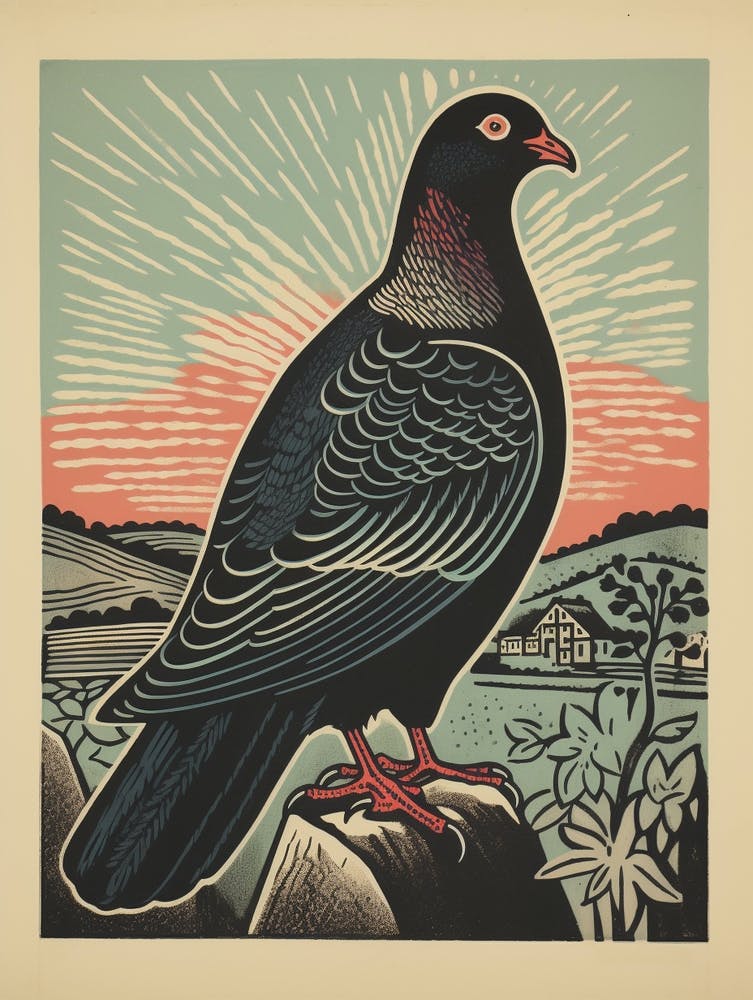 Vintage Bird Linocut Pigeon 4