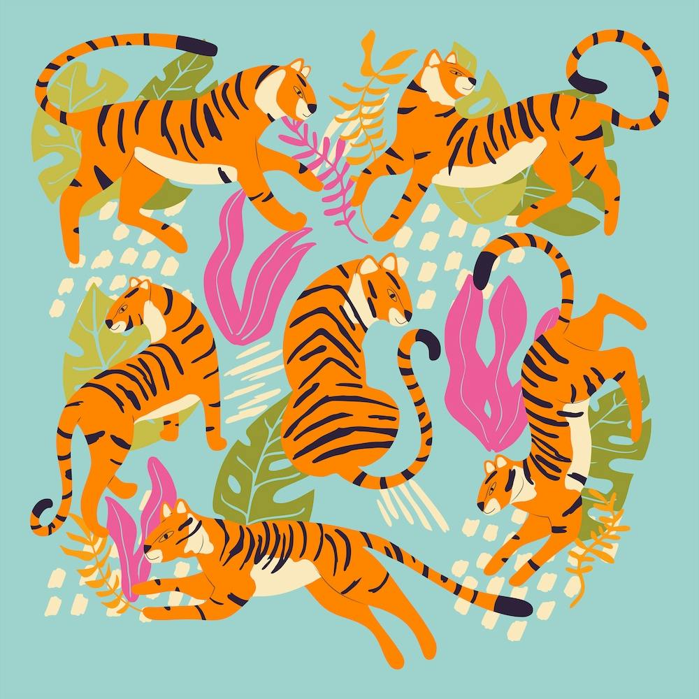 Tigers On Blue With Tropical Leaves Square