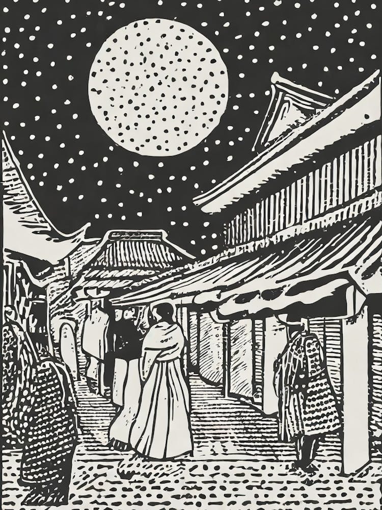A Bustling Edo Period Marketplace Ukiyo-E Style