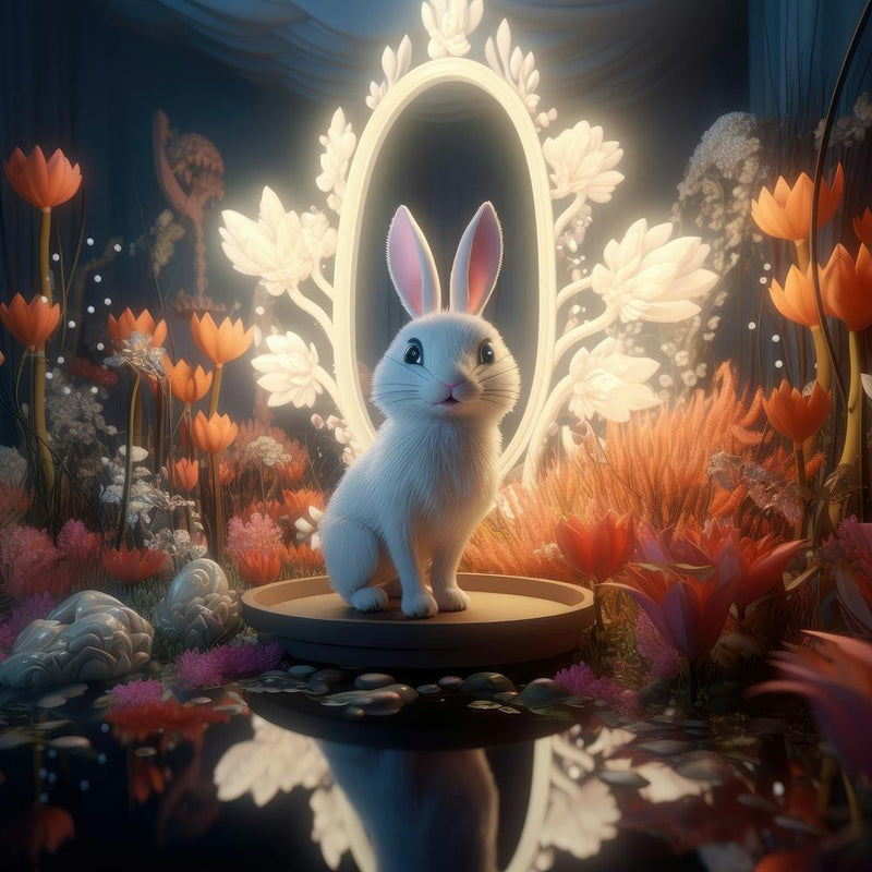 Funny Little White Cartoon Rabbit With Decorated Mirrow And Flowers 1