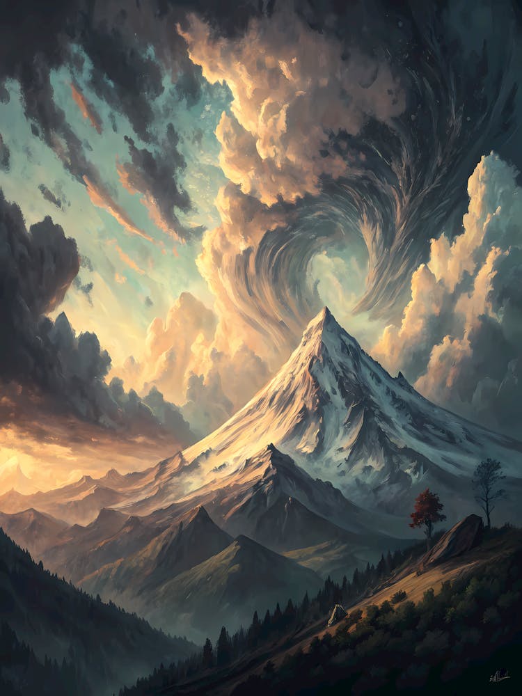 Paysage Dramatique de Sommet Montagneux Peinture à l'Huile
