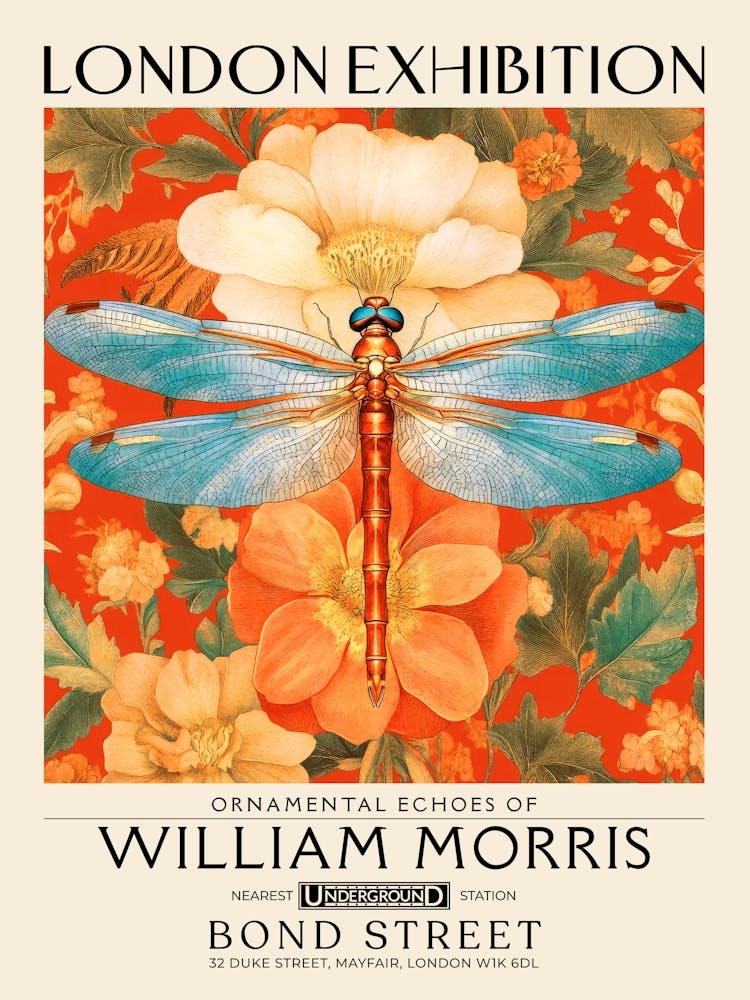 William Morris Libellule et œuvre florale couleurs vibrantes, motif insecte et fleur, Impression botanique vintage, art mural maximaliste décor bohème salon, Tapisserie florale style victorien décor vintage 15