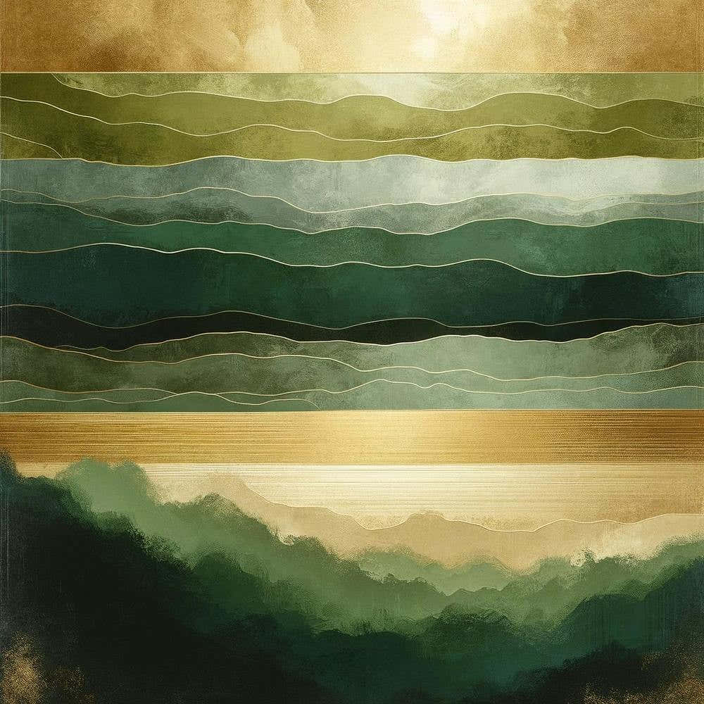 "Golden Waves: Abstract Maritime Elegance"  Experience the serene motion of "Golden Waves," an abstract maritime artwork that embodies elegance and tranquility. The rich layers of green and gold capture the rhythmic beauty of the sea's endless waves. Perf