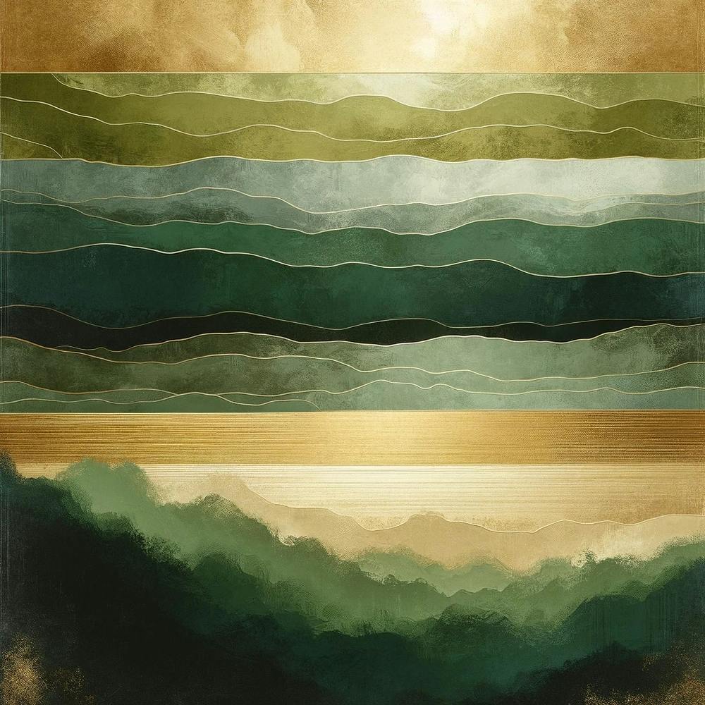 "Golden Waves: Abstract Maritime Elegance"  Experience the serene motion of "Golden Waves," an abstract maritime artwork that embodies elegance and tranquility. The rich layers of green and gold capture the rhythmic beauty of the sea's endless waves. Perfect for those seeking to infuse their space with the sophisticated calm of an oceanic horizon. This piece is a harmonious blend of natural inspiration and artistic vision, ideal for enhancing any decor with a touch of abstract coastal charm.