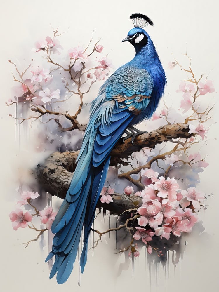 Peacock, Japanese Brush Painting, Ukiyo E, Minimal 2