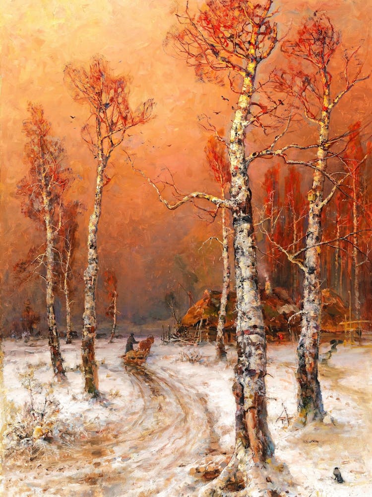 Winter Sunset 1914 by Baltic Painter Julius von Klever (1850-1924) HD Remastered High-Resolution ~ Butko Gallery, Russia