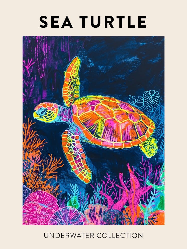 Neon Underwater Sea Turtle Poster 3