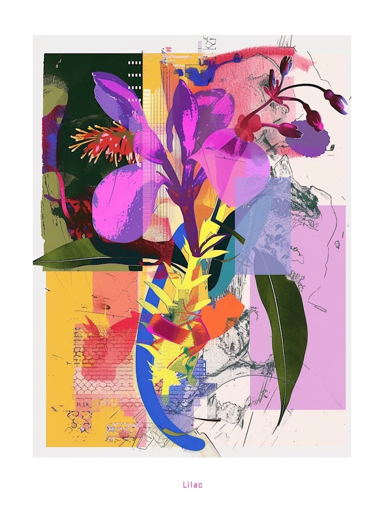 Lilac 1 Neon Flower Collage Poster