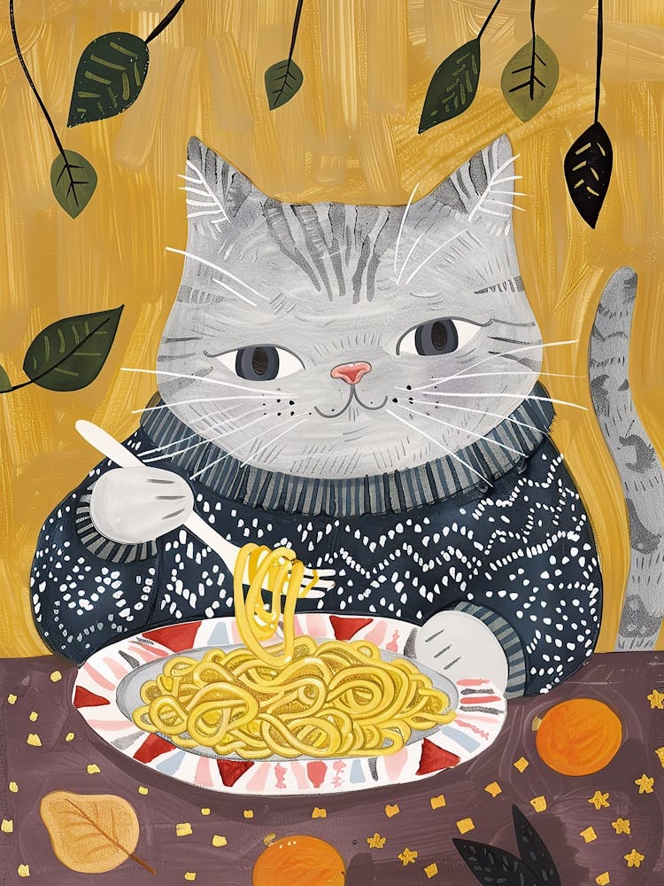 Grey Cat Eating Pasta Folk Illustration 2