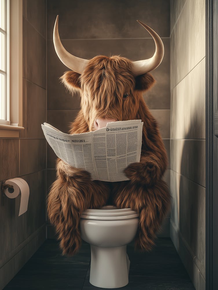 Vache Highland Assise Sur des Toilettes Lisant un Journal